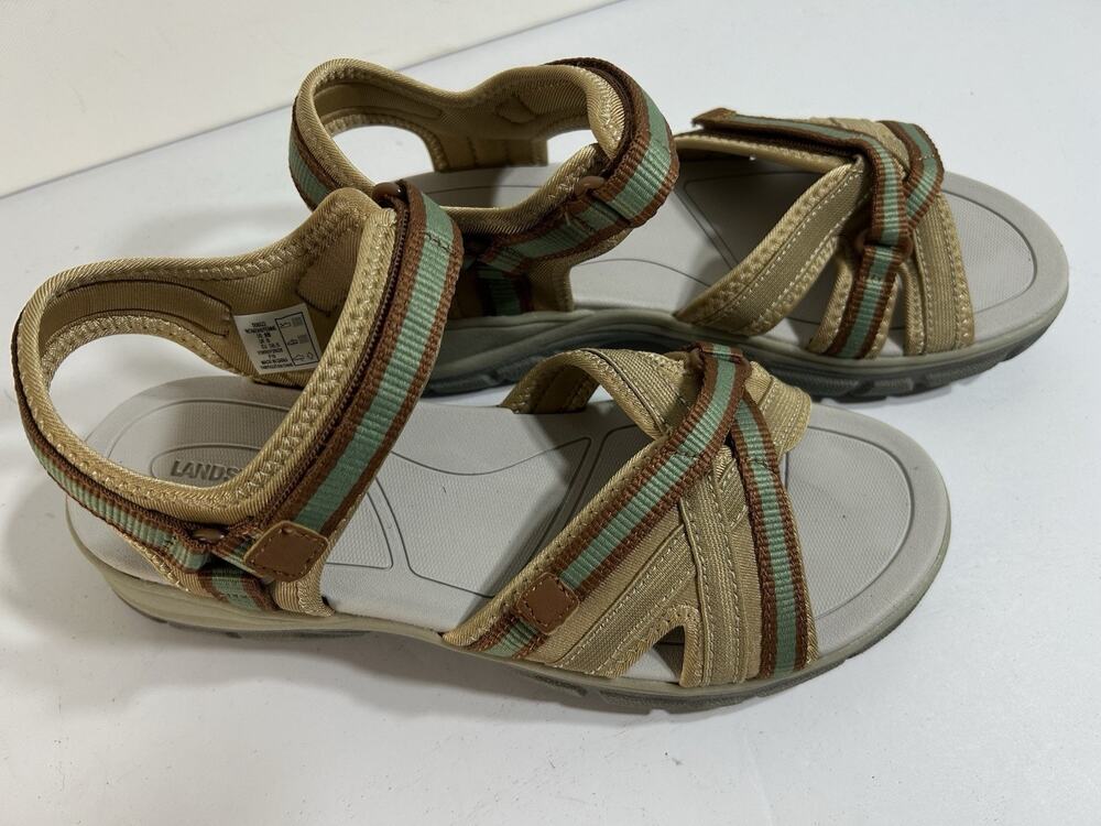 Lands’ End Womens All Weather Sandals Tan Brown Green 508522 Women’s US 8
